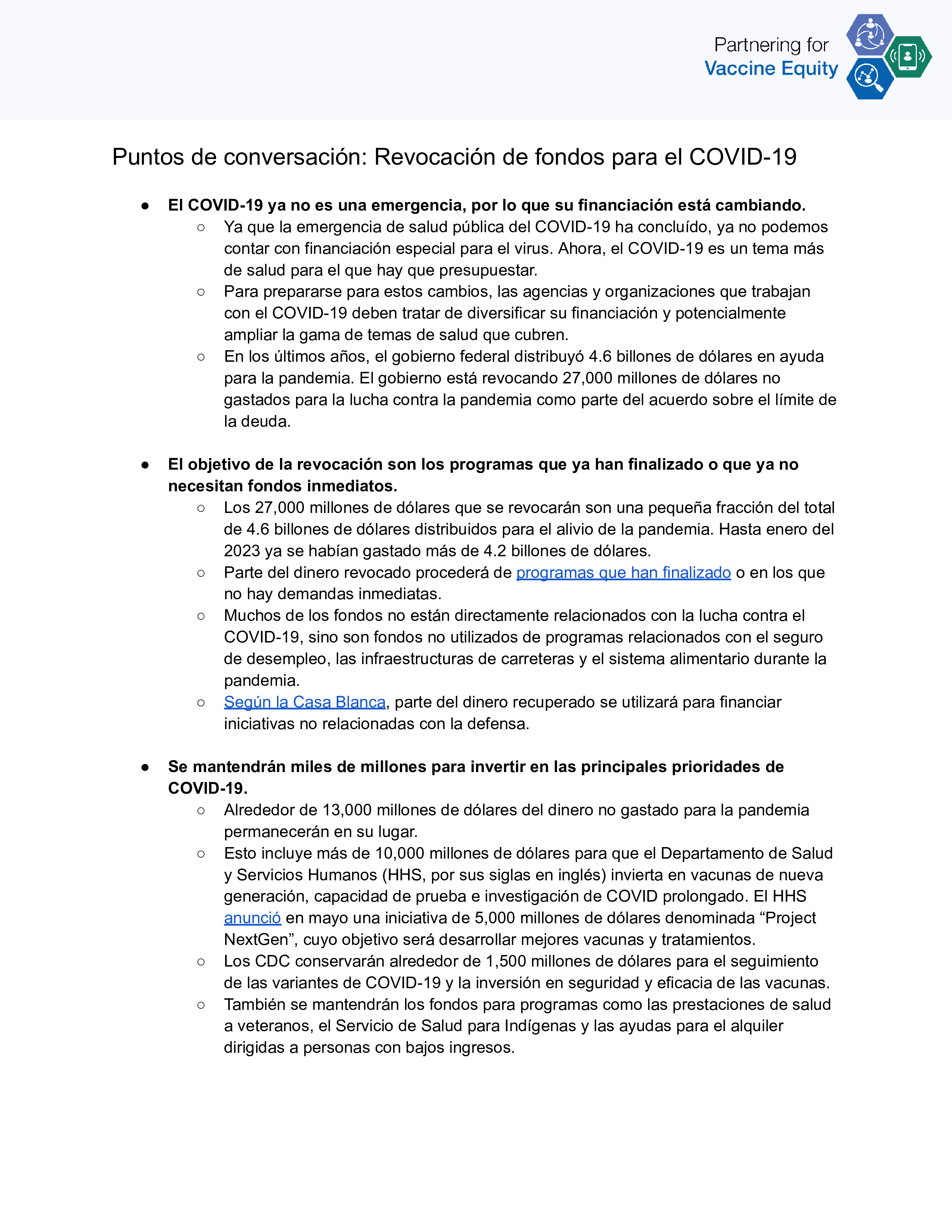 Talking Points and FAQs Clawback of COVID19 Funds (English, Spanish